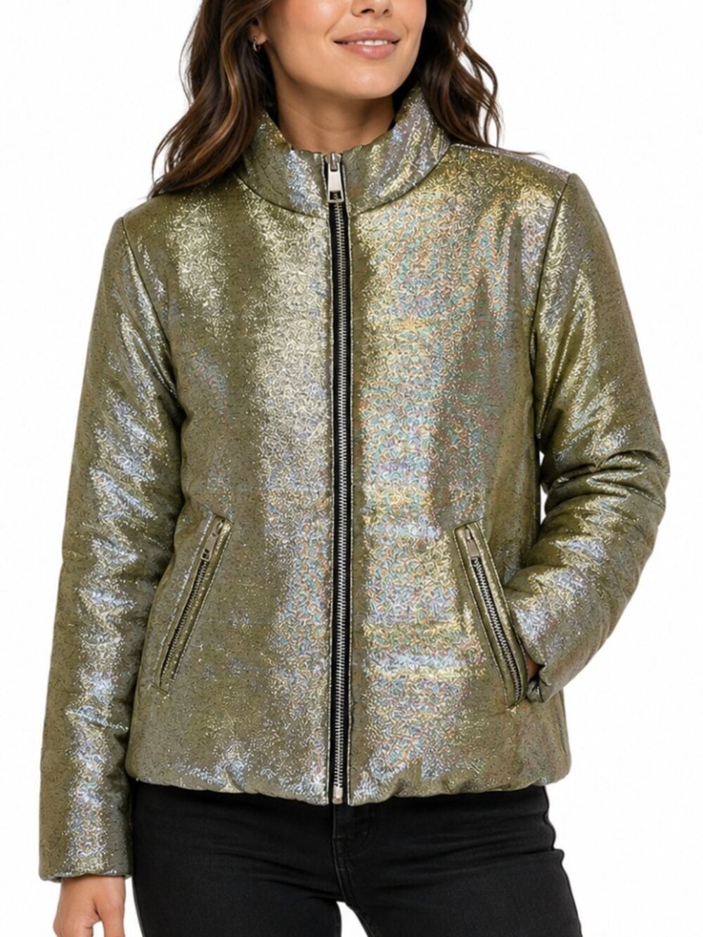 Design Lab Lord & Taylor Metallic Silver & Gold Women's Puffer Bomber Jacket SzS